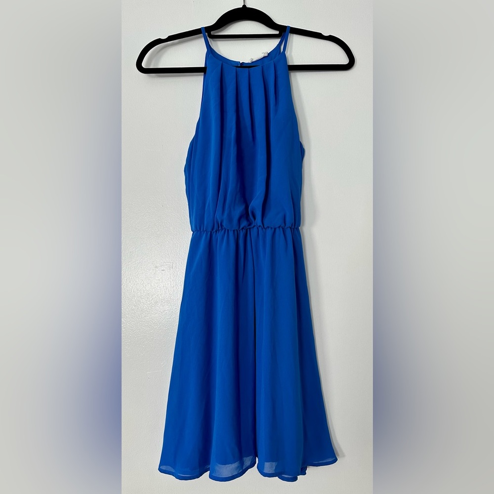Lush Women Blue Fully Lined Polyester Halter Cinched Waist Mini Dress Size S EUC